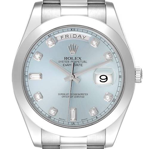 The image shows a Rolex President 218206 Men's Platinum Blue Dial 218206 Men's Platinum Blue Dial model watch from a front angle, highlighting its dial, day-date display, and bracelet.