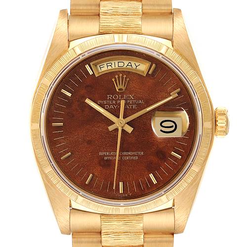 This image shows a front angle of the Rolex President 18038 Men's Yellow Gold Brown Dial 18038 Men's Yellow Gold Brown Dial model watch, highlighting its face, crown, and part of the bracelet.