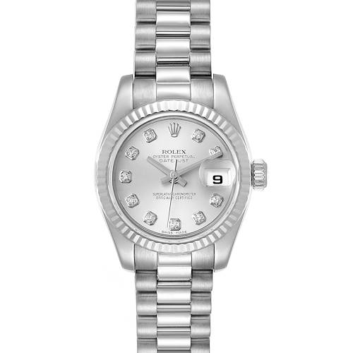 This image shows a Rolex President 179179 Women's White Gold Silver Dial 179179 Women's White Gold Silver Dial model watch from a front angle, displaying its dial, face, bracelet, and date window.