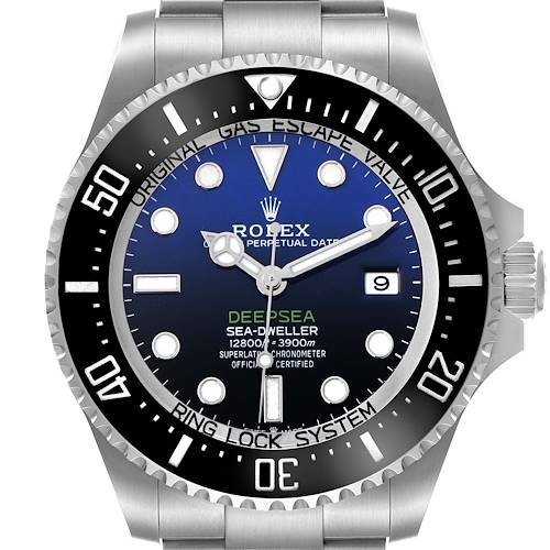 The Rolex Sea-Dweller 136660 Men's Stainless Steel Blue Dial watch is shown from the front, highlighting its dial, bezel, hands, and part of the bracelet.