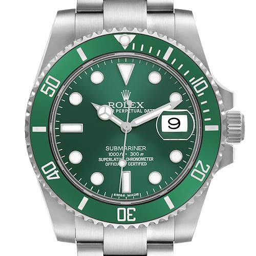 The Rolex Submariner 116610LV Men's Stainless Steel Green Dial watch is shown from a front angle, displaying the face, bezel, and partial bracelet.