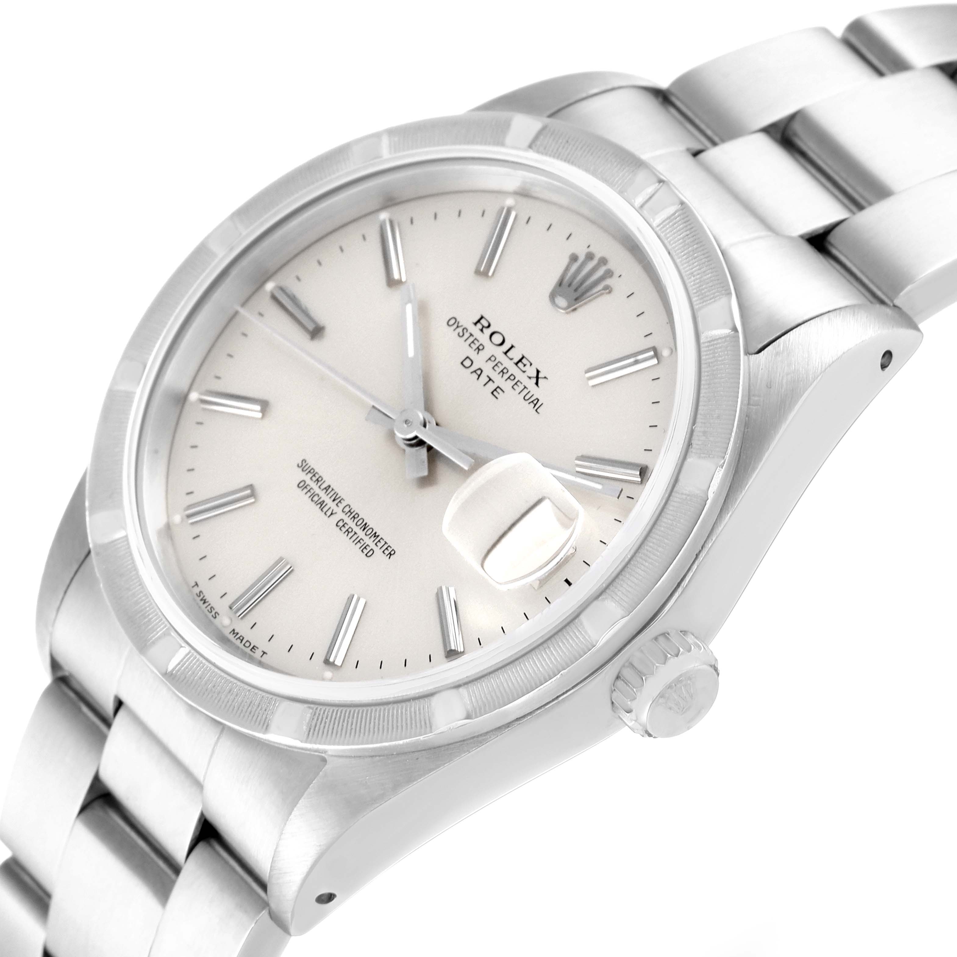 This Rolex Date 15210 Men's Stainless Steel Silver Dial 15210 Men's Stainless Steel Silver Dial model watch is shown at a slight angle, highlighting the face, bezel, and part of the bracelet.