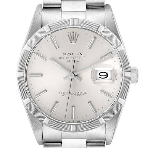 The image shows a frontal view of the Rolex Date 15210 Men's Stainless Steel Silver Dial 15210 Men's Stainless Steel Silver Dial model watch, displaying the dial, bezel, crown, and part of the bracelet.