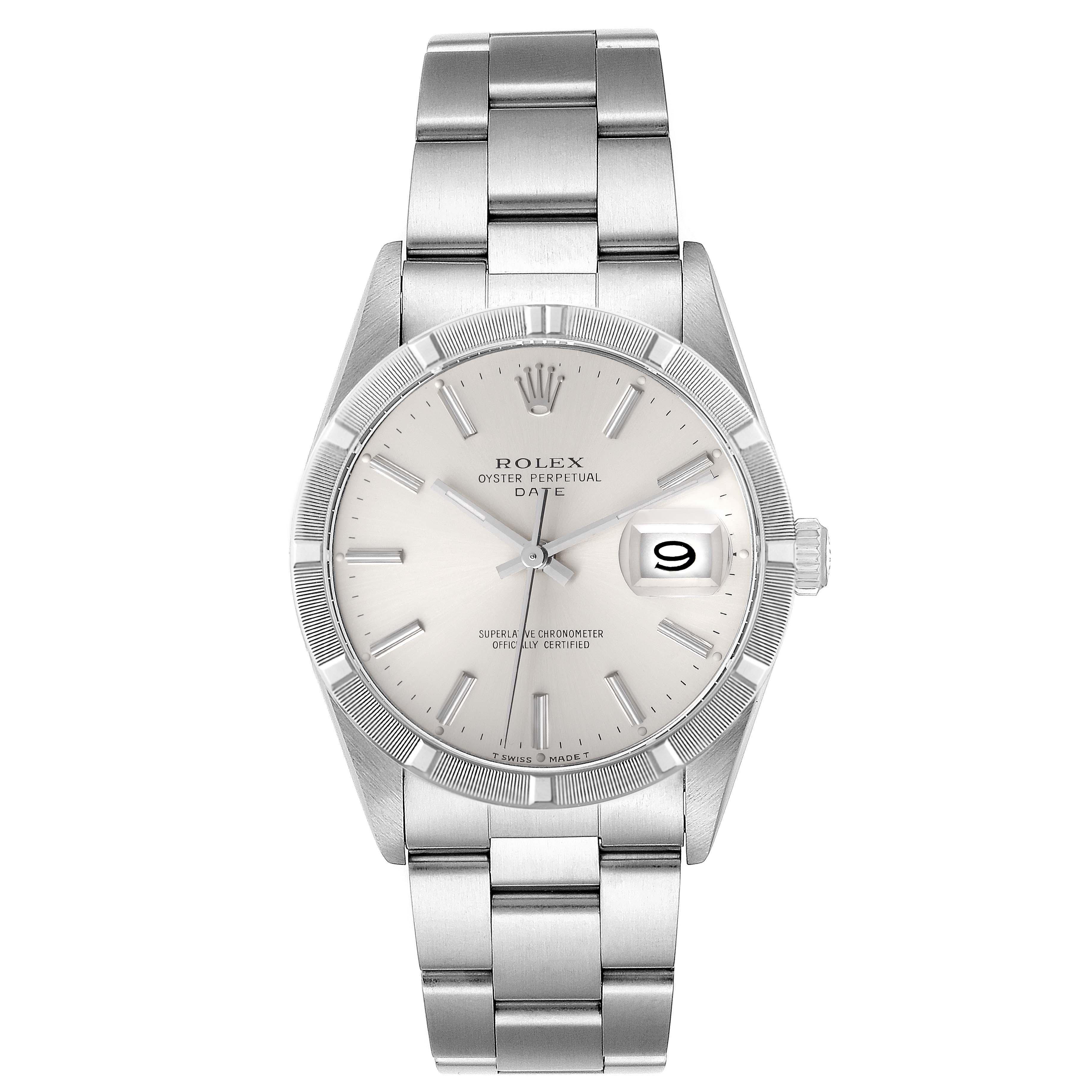 This image shows a frontal view of a Rolex Date 15210 Men's Stainless Steel Silver Dial 15210 Men's Stainless Steel Silver Dial model watch, displaying the face, bezel, crown, and metal bracelet.