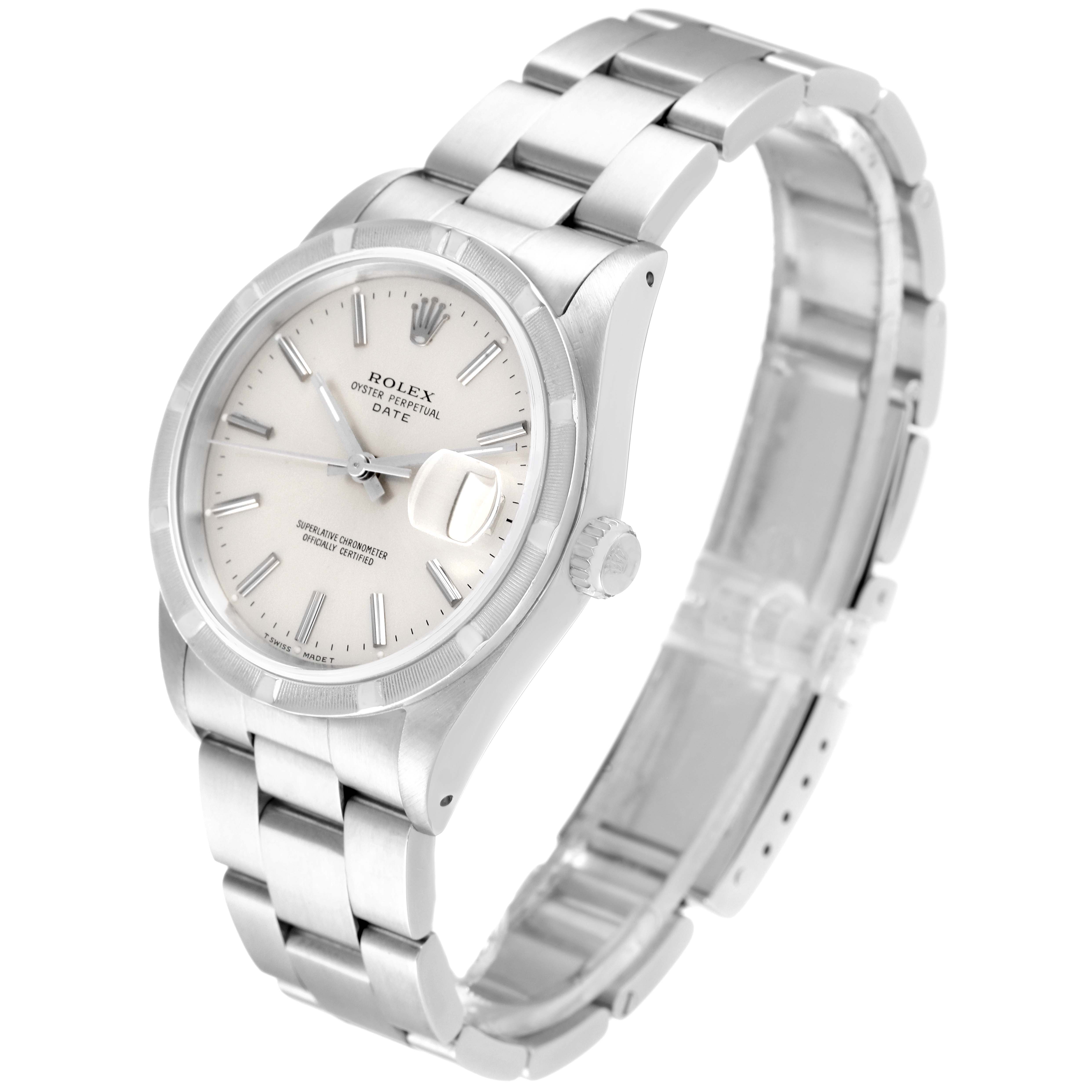 The Rolex Date 15210 Men's Stainless Steel Silver Dial 15210 Men's Stainless Steel Silver Dial model watch is shown from an angled perspective, displaying the face, bezel, dial, and bracelet.