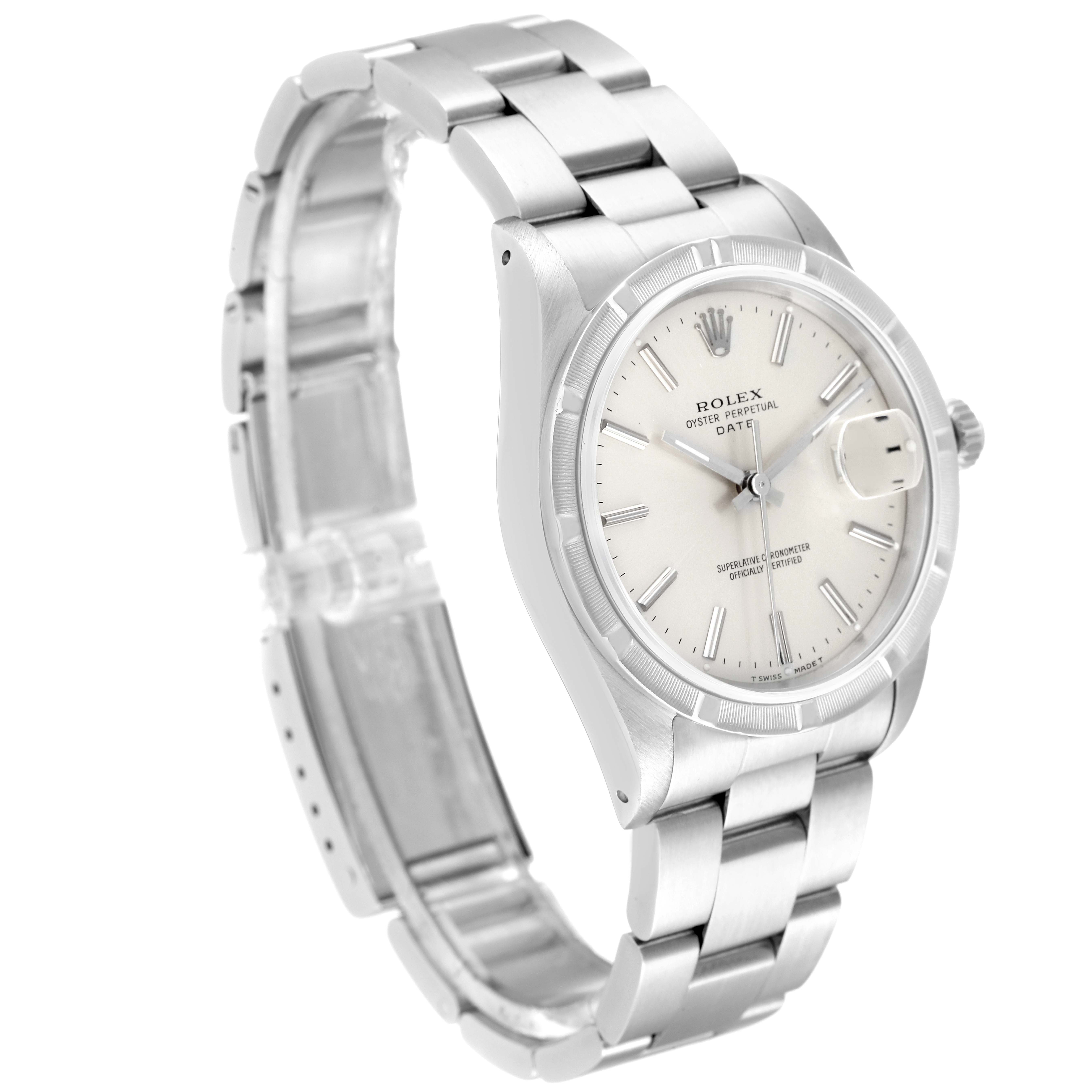 The image shows a Rolex Date 15210 Men's Stainless Steel Silver Dial 15210 Men's Stainless Steel Silver Dial model watch at an angle highlighting the face, bezel, crown, and metal bracelet.