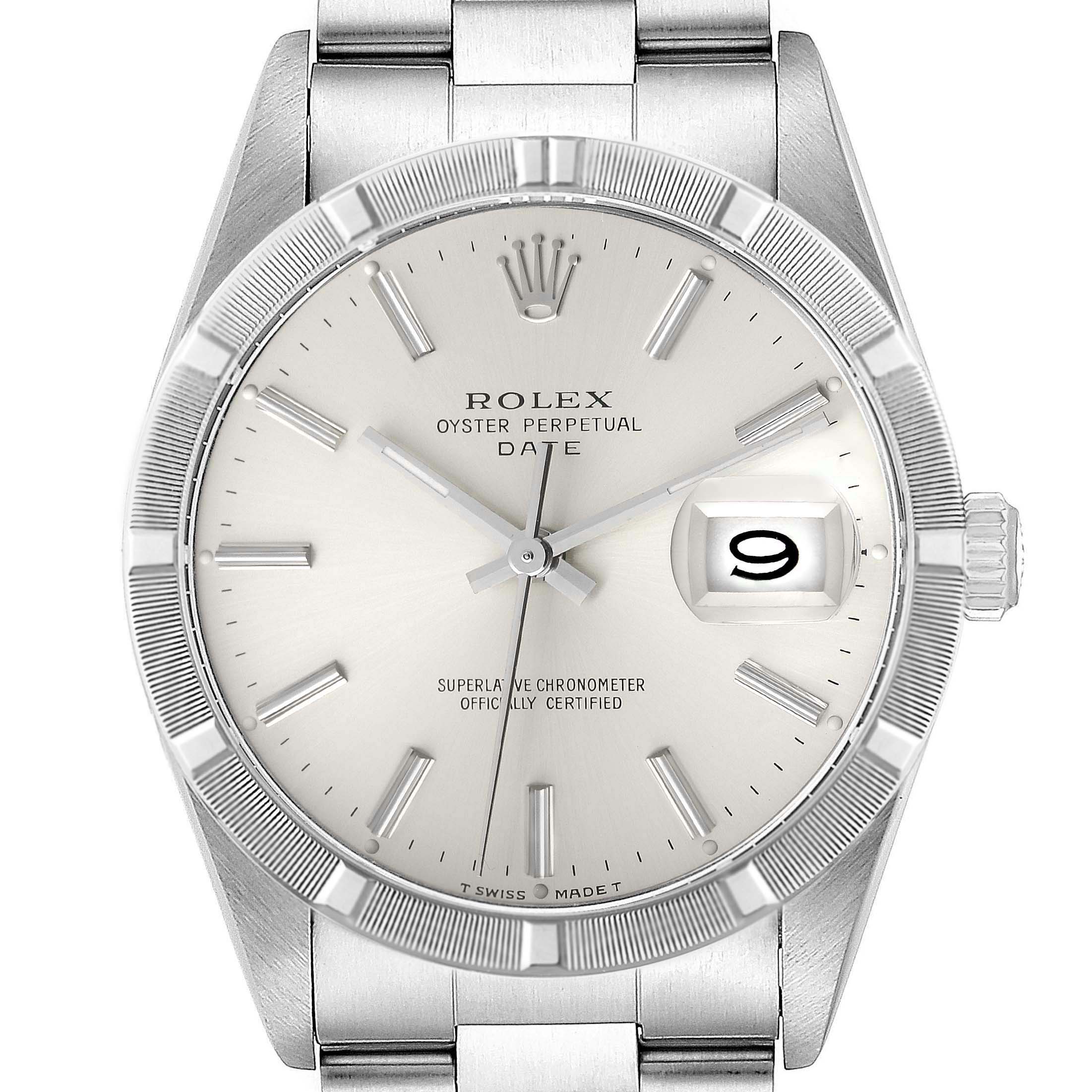 The image shows a front angle of the Rolex Date 15210 Men's Stainless Steel Silver Dial 15210 Men's Stainless Steel Silver Dial model, displaying the watch face, bezel, crown, and part of the bracelet.