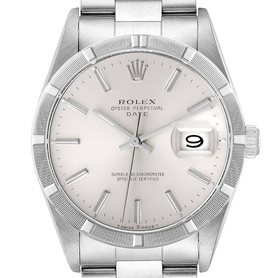The image shows a front angle of the Rolex Date 15210 Men's Stainless Steel Silver Dial 15210 Men's Stainless Steel Silver Dial model, displaying the watch face, bezel, crown, and part of the bracelet.