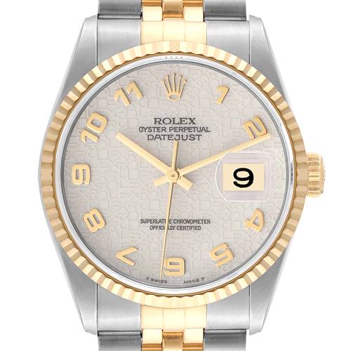 The image shows a front view of a Rolex Datejust 16233 Men's Steel and Gold (two tone) Beige Dial 16233 Men's Steel and Gold (two tone) Beige Dial watch, highlighting the dial, bezel, crown, and part of the bracelet.
