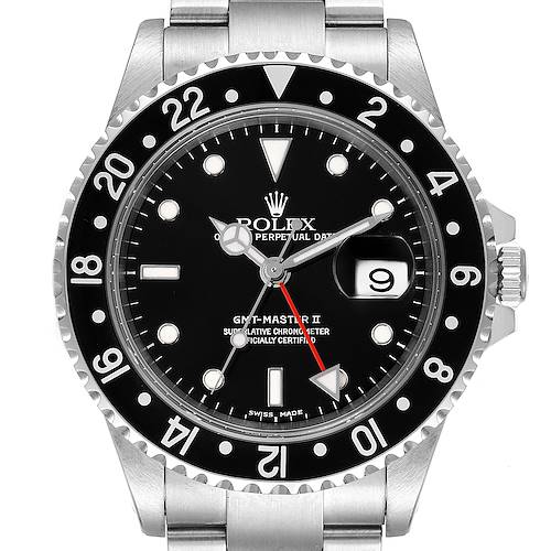 This image shows a front view of the Rolex GMT-Master 16710 Men's Stainless Steel Black Dial 16710 Men's Stainless Steel Black Dial II watch, highlighting its black dial, bezel, and stainless steel case.