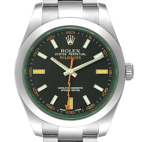 The image shows a front view of a Rolex Milgauss 116400GV Men's Stainless Steel Black Dial 116400GV Men's Stainless Steel Black Dial watch displaying the dial, case, bezel, crown, and part of the bracelet.