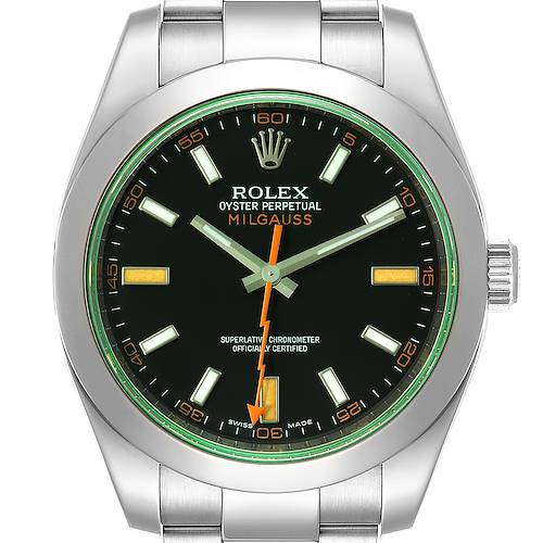This Rolex Milgauss 116400GV Men's Stainless Steel Black Dial 116400GV Men's Stainless Steel Black Dial watch is shown from an overhead angle, highlighting its face, dial, and bezel.