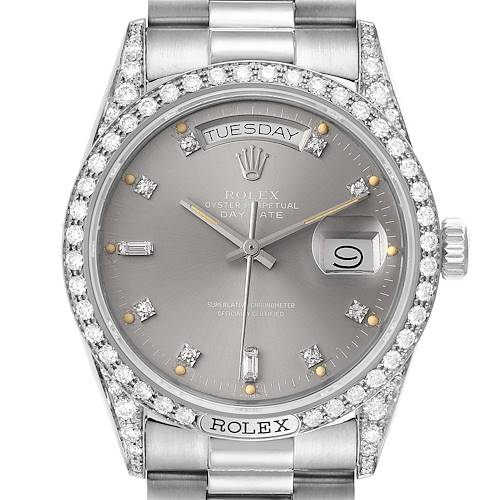 The image shows a Rolex President 18139 Men's White Gold Grey Dial 18139 Men's White Gold Grey Dial model watch from a front angle, featuring the face, bezel, and bracelet.
