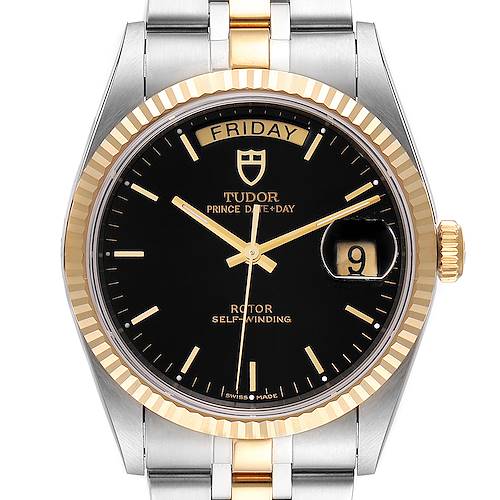 The image shows the front view of the Tudor Prince 76213 Men's Steel and Gold (two tone) Black Dial 76213 Men's Steel and Gold (two tone) Black Dial Date-Day watch with a black dial, gold accents, and a date display.