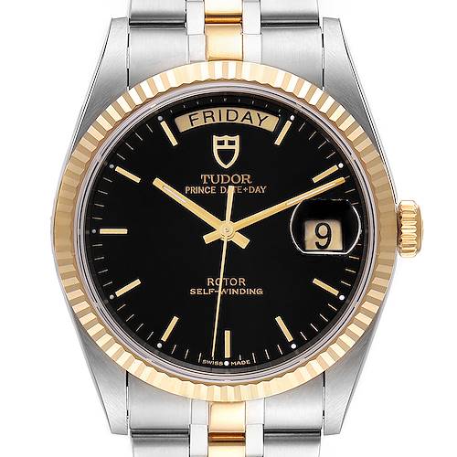 The Tudor Prince 76213 Men's Steel and Gold (two tone) Black Dial 76213 Men's Steel and Gold (two tone) Black Dial model watch is shown from a front angle, highlighting its black dial, gold markers, date window, and two-tone bracelet.