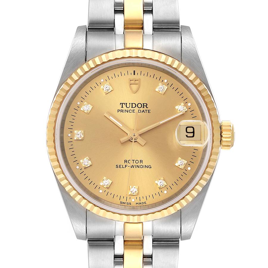 This image shows a frontal view of the Tudor Prince 72033 Men's Steel and Gold (two tone) Champagne Dial 72033 Men's Steel and Gold (two tone) Champagne Dial Date watch, displaying the dial, hands, date window, and part of the bracelet.