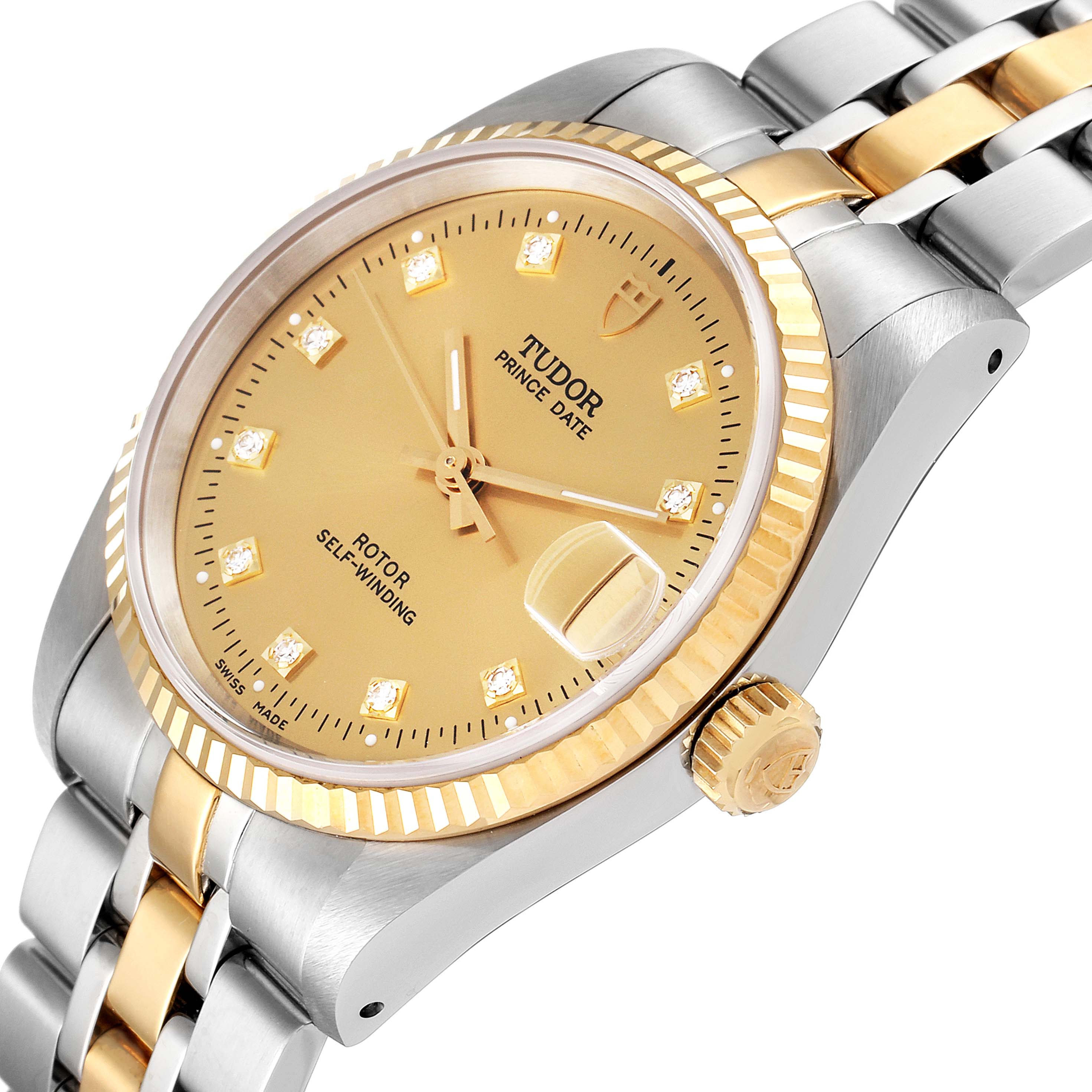 The Tudor Prince 72033 Men's Steel and Gold (two tone) Champagne Dial 72033 Men's Steel and Gold (two tone) Champagne Dial model watch is shown at an angled close-up, displaying the face, bezel, crown, and part of the bracelet.