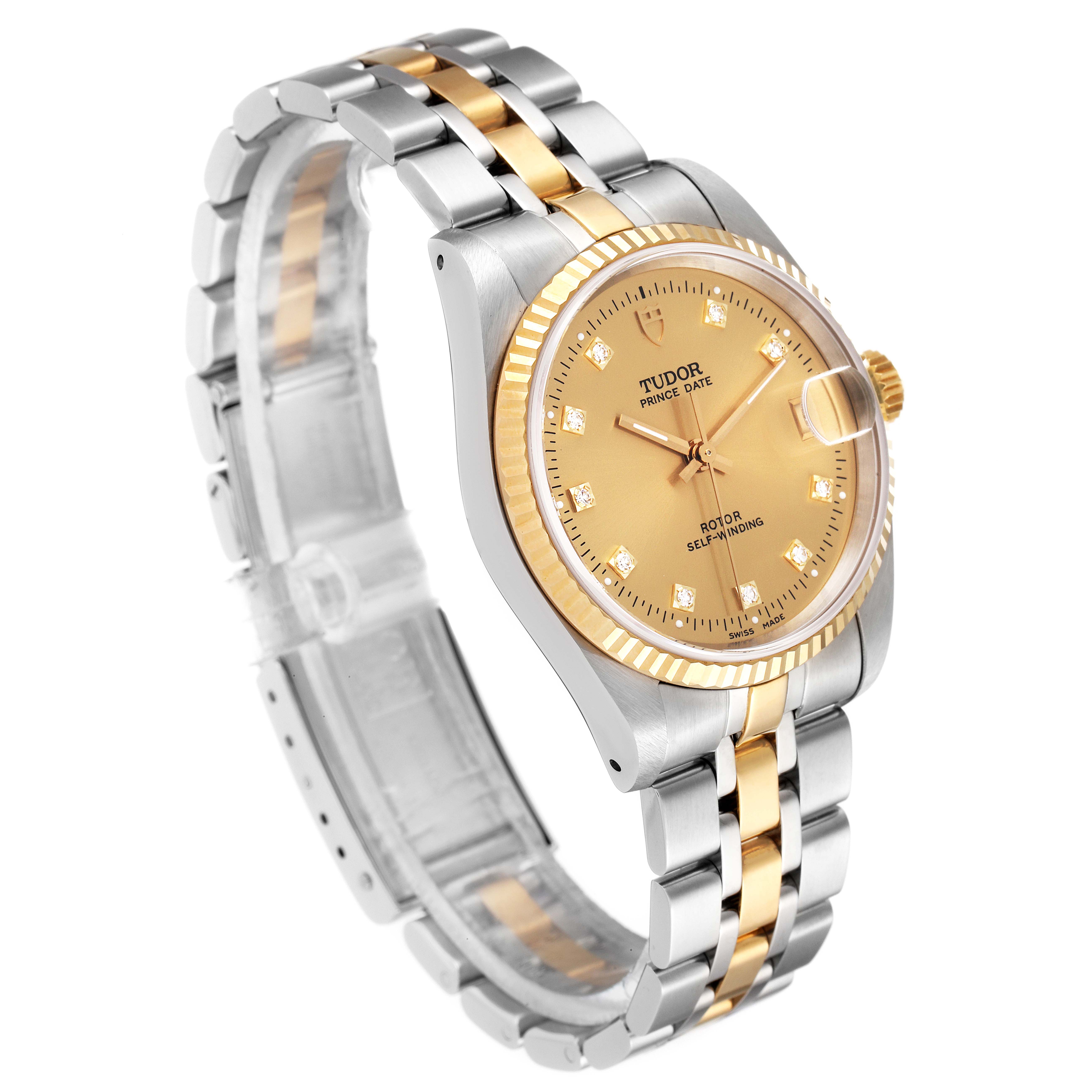 This is a Tudor Prince 72033 Men's Steel and Gold (two tone) Champagne Dial 72033 Men's Steel and Gold (two tone) Champagne Dial Date model watch shown from a front angle, displaying its dial, bezel, crown, and part of the bracelet.