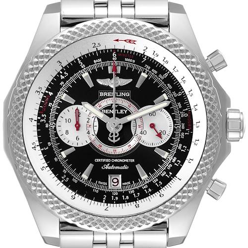 The image shows a front view of a Breitling Bentley A26364 Men's Stainless Steel Black Dial A26364 Men's Stainless Steel Black Dial watch, displaying its detailed dial, subdials, and bezel.