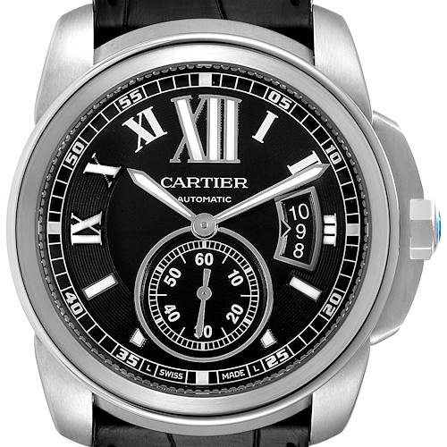 The image shows a front view of a Calibre de Cartier watch by Cartier, displaying its face, hour markings, hands, and date window.