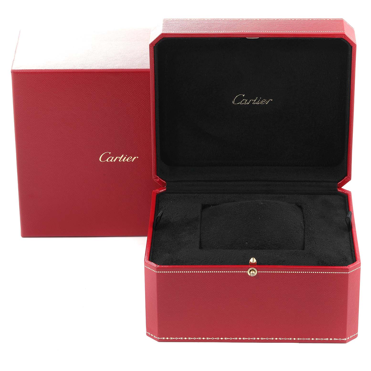The image shows an empty red Cartier watch box, open to reveal the black interior for the Calibre de Cartier model by Cartier.