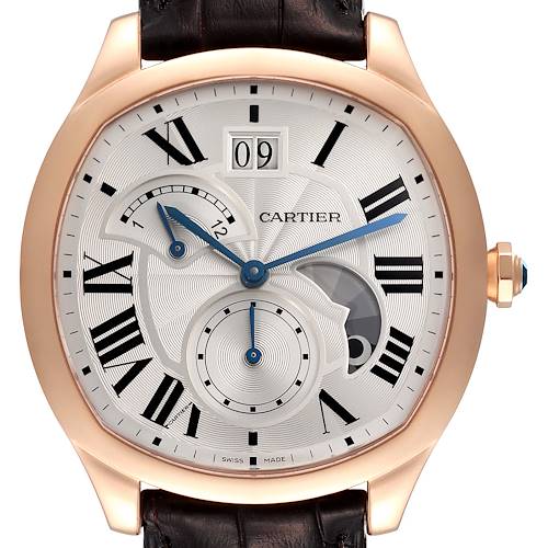 The image shows a close-up of the Cartier Drive de Cartier WGNM0005 Men's Rose Gold Silver Dial WGNM0005 Men's Rose Gold Silver Dial watch, displaying its dial and case.