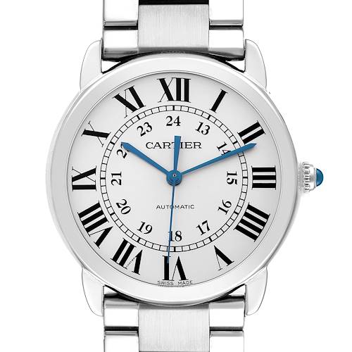 The image shows a front view of the Cartier Ronde model WSRN0012 men's watch, highlighting the dial, Roman numerals, blue hands, and part of the bracelet.