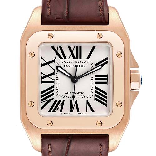 The image shows a front view of a Cartier Santos W20108Y1 Men's Rose Gold Silver Dial W20108Y1 Men's Rose Gold Silver Dial watch, highlighting the dial, bezel, crown, and leather strap.
