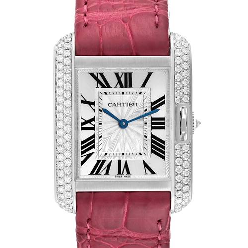 This image shows a front view of the Cartier Tank Anglaise WT100030 Women's White Gold Silver Dial WT100030 Women's White Gold Silver Dial watch, highlighting its dial, case, and pink leather strap.