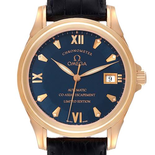 This image shows a front angle view of an Omega De Ville 5931.81.23 Men's Rose Gold Blue Dial 5931.81.23 Men's Rose Gold Blue Dial watch, showcasing its face, hands, markers, and part of the strap.