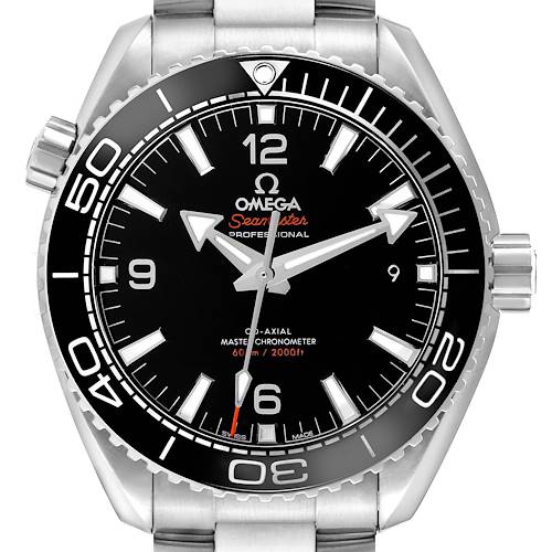 The image shows a front view of the Omega Planet Ocean model 215.30.44.21.01.001, highlighting the dial, bezel, and part of the bracelet.