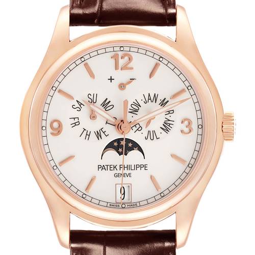 The Patek Philippe Complications model 5146R men's watch is shown from a front angle, highlighting its dial, hands, calendar functions, and leather strap.
