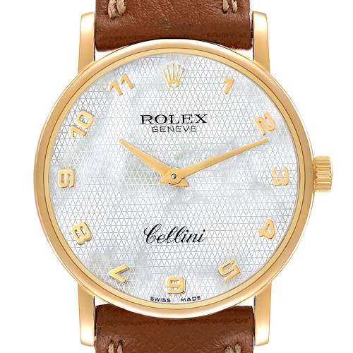 This is a front view of a Rolex Cellini 5115 Women's Yellow Gold Mother of Pearl Dial 5115 Women's Yellow Gold Mother of Pearl Dial watch, showcasing its face, gold hands, numerals, crown, and brown leather strap.
