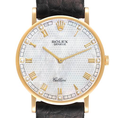 This image shows the front view of a Rolex Cellini 5112 Women's Yellow Gold Mother of Pearl Dial 5112 Women's Yellow Gold Mother of Pearl Dial watch, including its dial, hour markers, hands, and part of its leather strap.