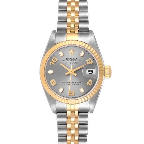 The image shows a frontal view of a Rolex Datejust 79173 Women's Steel and Gold (two tone) Grey Dial 79173 Women's Steel and Gold (two tone) Grey Dial watch displaying the dial, bezel, crown, and bracelet.