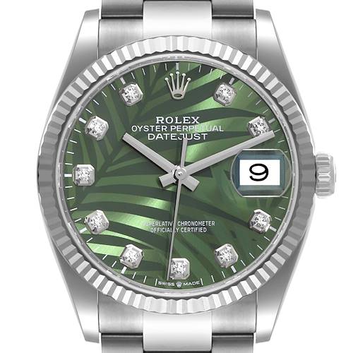 This image shows a Rolex Datejust 126234 Men's Stainless Steel Green Dial 126234 Men's Stainless Steel Green Dial watch from a front angle, highlighting its green dial, date window, and fluted bezel.