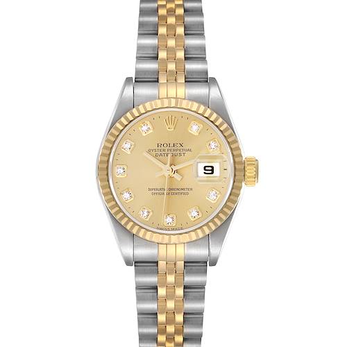 The Rolex Datejust model 79173 is shown from the front, highlighting the dial, jubilee bracelet, and diamond hour markers.