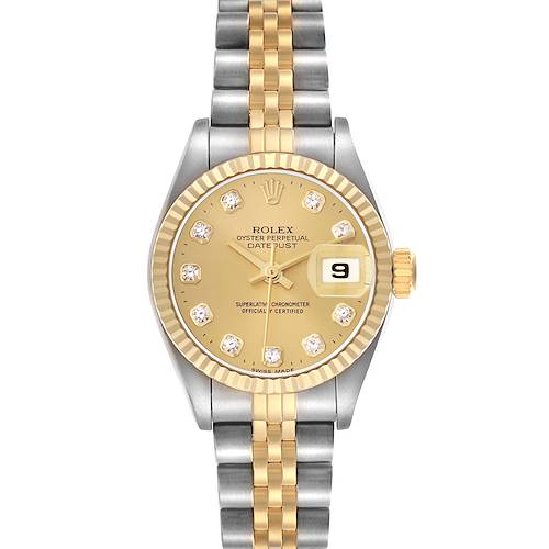 The Rolex Datejust model 69173 men's watch is shown front-facing, displaying the gold dial with diamond hour markers, fluted bezel, date window, and a two-tone bracelet.