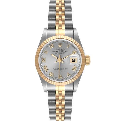 The Rolex Datejust 69173 Women's Steel and Gold (two tone) Grey Dial 69173 Women's Steel and Gold (two tone) Grey Dial watch is shown from a front view, displaying the dial, hands, date window, and two-tone bracelet.