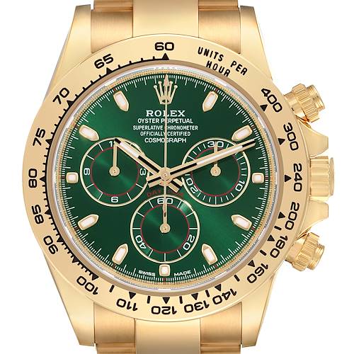 The image shows a close-up view of the Rolex Daytona 116508 Men's Yellow Gold Green Dial 116508 Men's Yellow Gold Green Dial watch face, highlighting its green dial, chronograph subdials, and gold bezel.