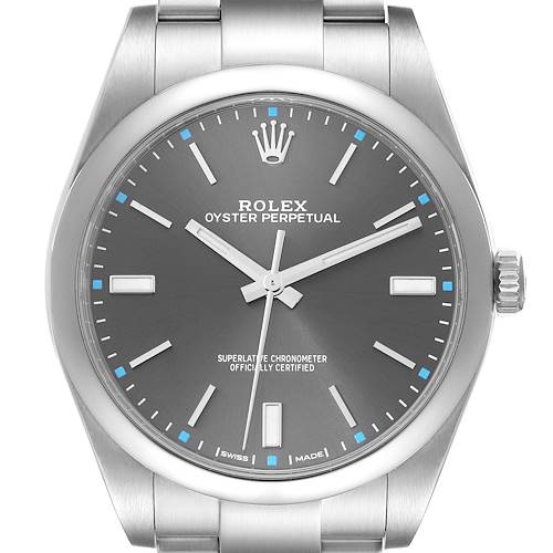 The image shows a front view of a Rolex Oyster Perpetual 114300 Men's Stainless Steel Grey Dial 114300 Men's Stainless Steel Grey Dial watch with a gray dial and silver markers and hands.
