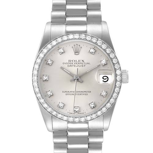 The image shows a front view of a Rolex President 68286 Women's Platinum Silver Dial 68286 Women's Platinum Silver Dial model watch, displaying the face, bezel, and part of the bracelet.