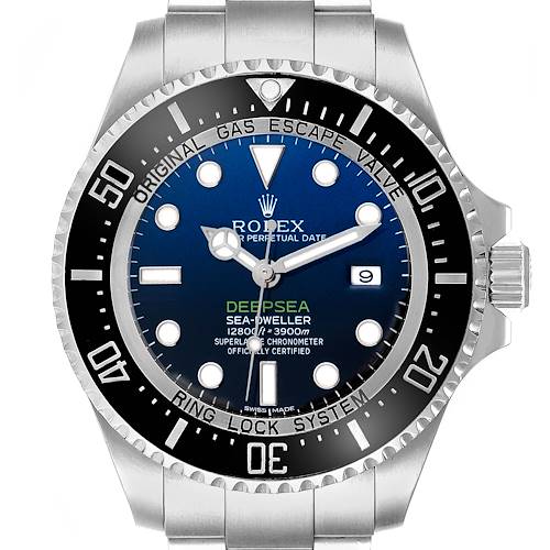 The image shows a front view of the Rolex Sea-Dweller model 116660, highlighting its blue dial, bezel, and stainless steel bracelet.