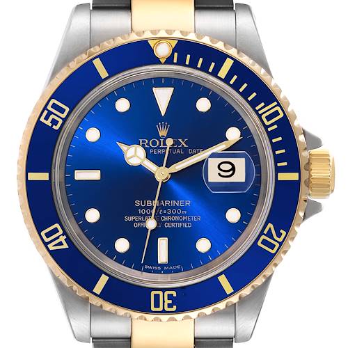 The image shows a front view of a Rolex Submariner 16613 Men's Steel and Gold (two tone) Blue Dial 16613 Men's Steel and Gold (two tone) Blue Dial with a blue dial, date window, and gold accents on the bezel and bracelet.