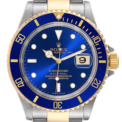 The image shows a front view of the Rolex Submariner 16613 Men's Steel and Gold (two tone) Blue Dial 16613 Men's Steel and Gold (two tone) Blue Dial watch, displaying its blue dial, yellow gold accents, and stainless steel bracelet.