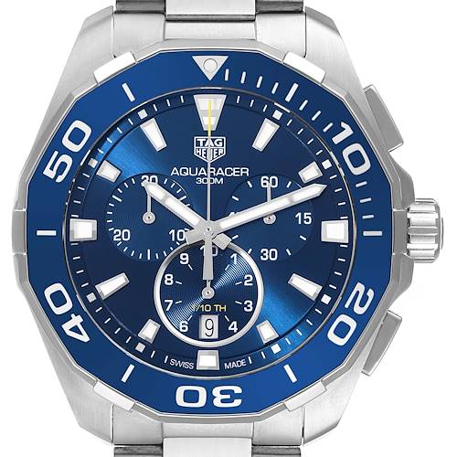 The image shows a front view of the Tag Heuer Aquaracer CAY111B Men's Stainless Steel Blue Dial CAY111B Men's Stainless Steel Blue Dial watch, highlighting its blue dial, chronograph, and bezel.