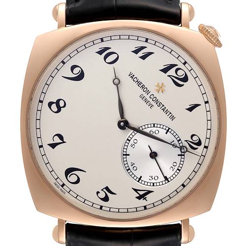 The image shows a front view of the Vacheron Constantin Historiques 82035000R-9359 Men's Rose Gold Silver Dial 82035000R-9359 Men's Rose Gold Silver Dial watch, highlighting its dial, hands, subdial, and strap attachment.