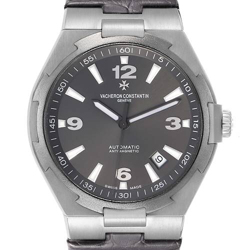 The image shows a front view of the Vacheron Constantin Overseas model 47040 men's watch, displaying its dial, case, and crown.