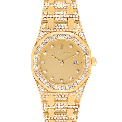 This image shows a front view of an Audemars Piguet Royal Oak Women's Yellow Gold Champagne Dial Women's Yellow Gold Champagne Dial watch, highlighting its gold dial, diamond-studded bezel, and bracelet.