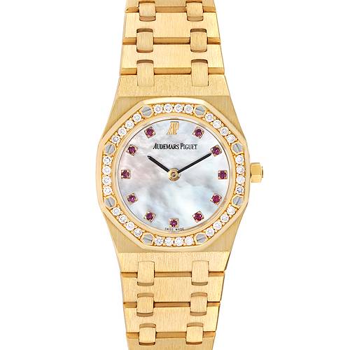 This image shows a frontal view of an Audemars Piguet Royal Oak 66344BA Women's Yellow Gold Mother of Pearl Dial 66344BA Women's Yellow Gold Mother of Pearl Dial watch, highlighting its bracelet, diamond bezel, and mother-of-pearl dial.